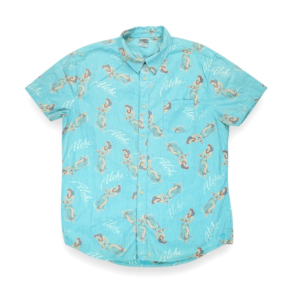 Vintage HANG TEN Hawaiian Aloha Shirt Dancing Woman ~ Mens XXL